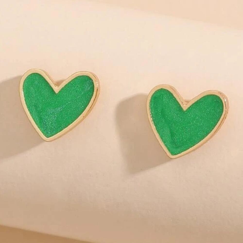 Green Gold Heart Stud Earrings Womens Costume Jewelry Cute Y2K Aesthetic Gift